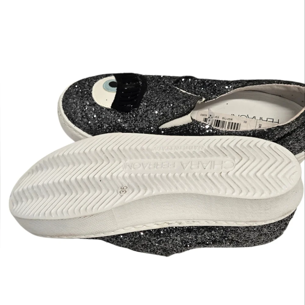 NEW‎ Chiara FerragniDark Grey Glitter Flirting Wink Eye Leather Sneakers SZ 36